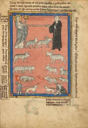 Christus en een monnik die de uiteinden van een staf vasthouden en twee herders met hun kudde